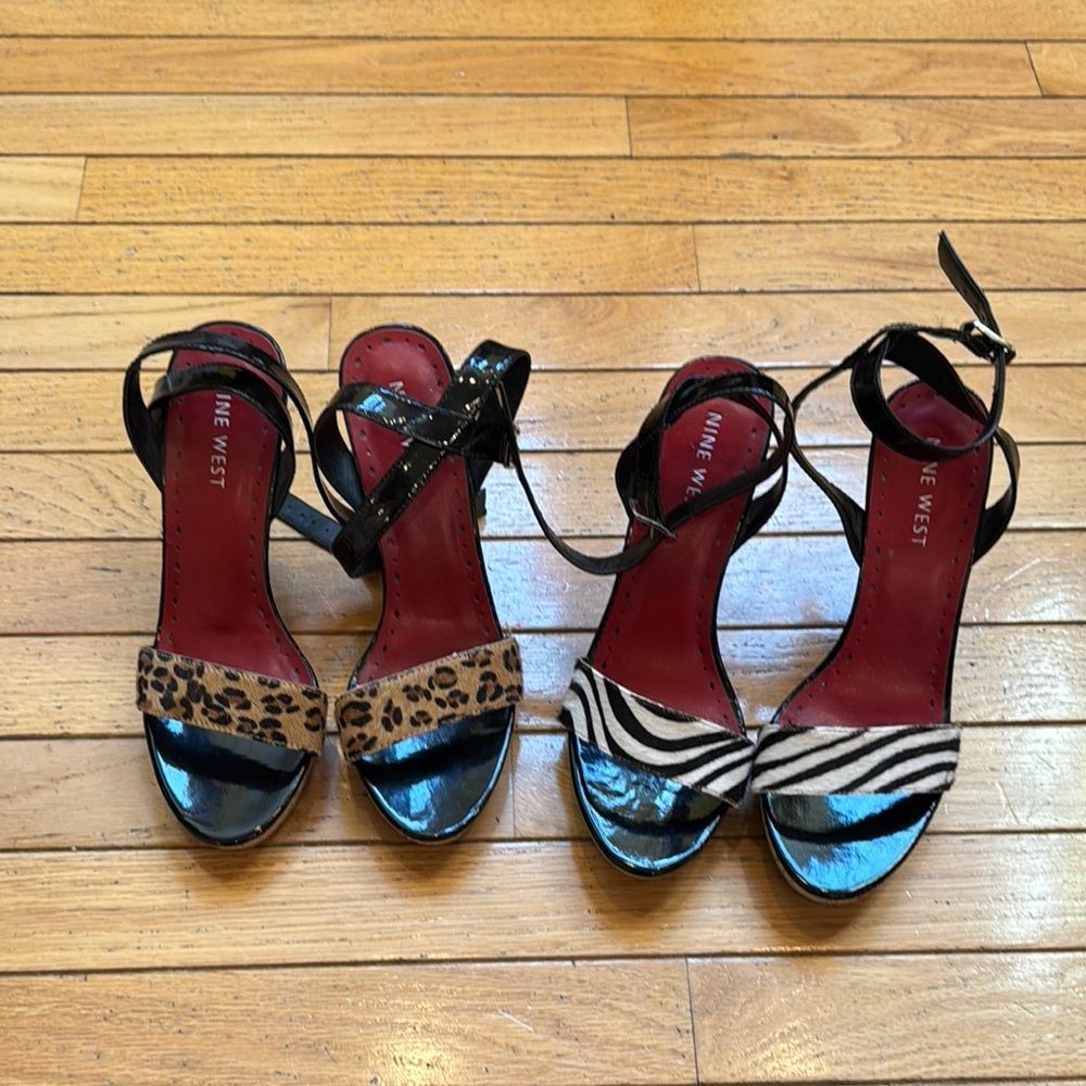 Nine West Women's leopard & zebra open toe heeled sandals. Worn a few times.